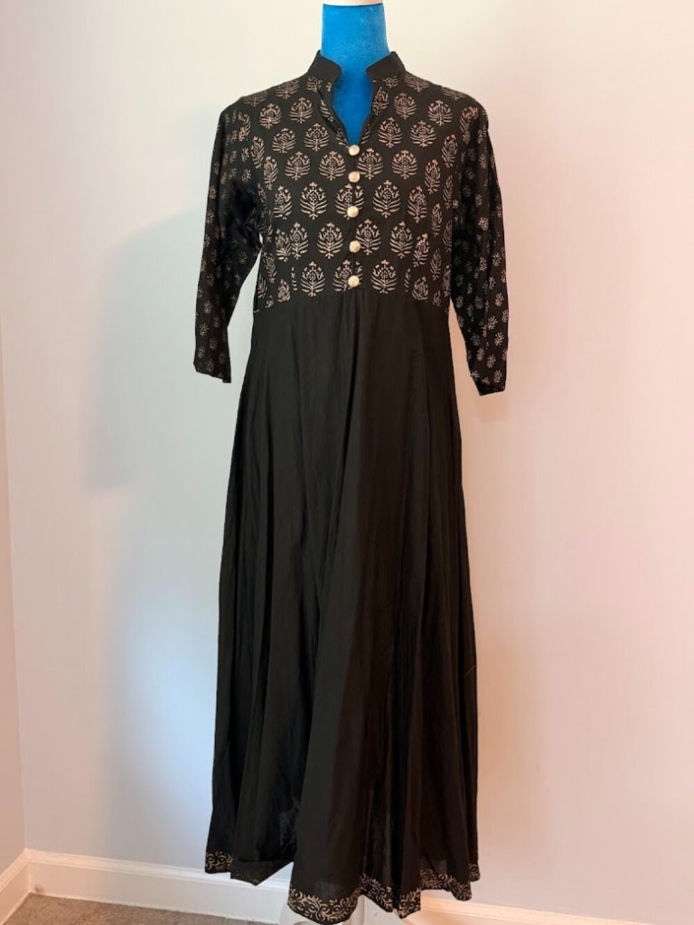 Black Cotton Maxi Dress Gold Print Mandarin Collar